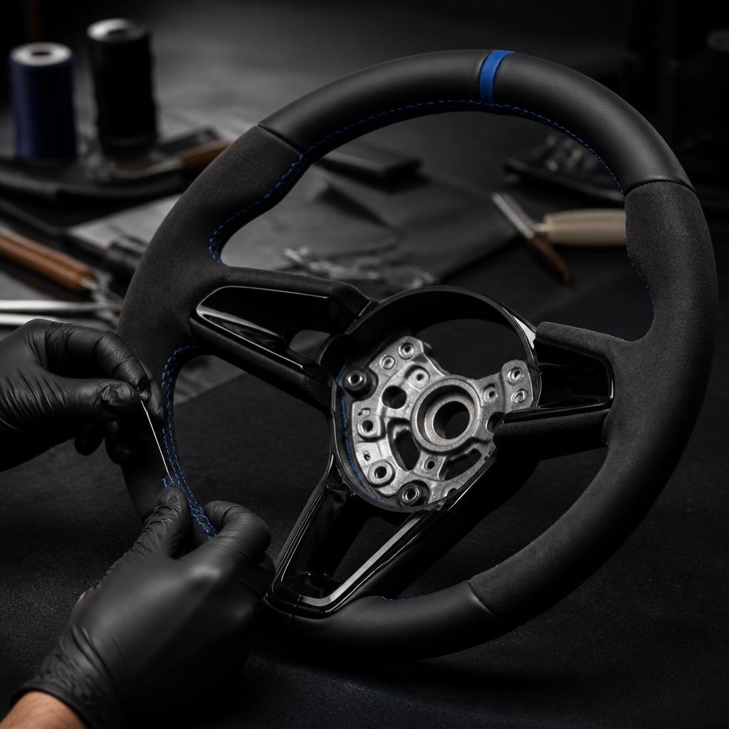 Custom-built BMW steering wheel with contrast stitching